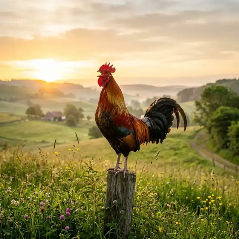 Gallo cantando al amanecer
